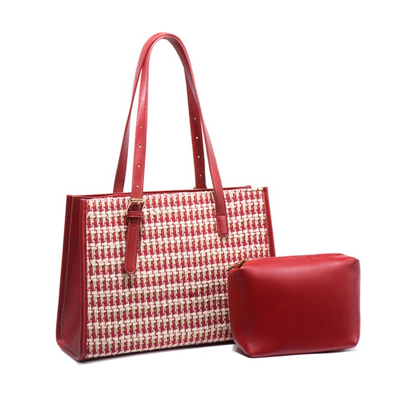 トートバッグ レディース 親子ポーチ付き 大容量 千鳥格子柄 横型 スクエア ポリエステル PU 2WAY レッド ファスナー開閉 通勤 普段使い 秋冬