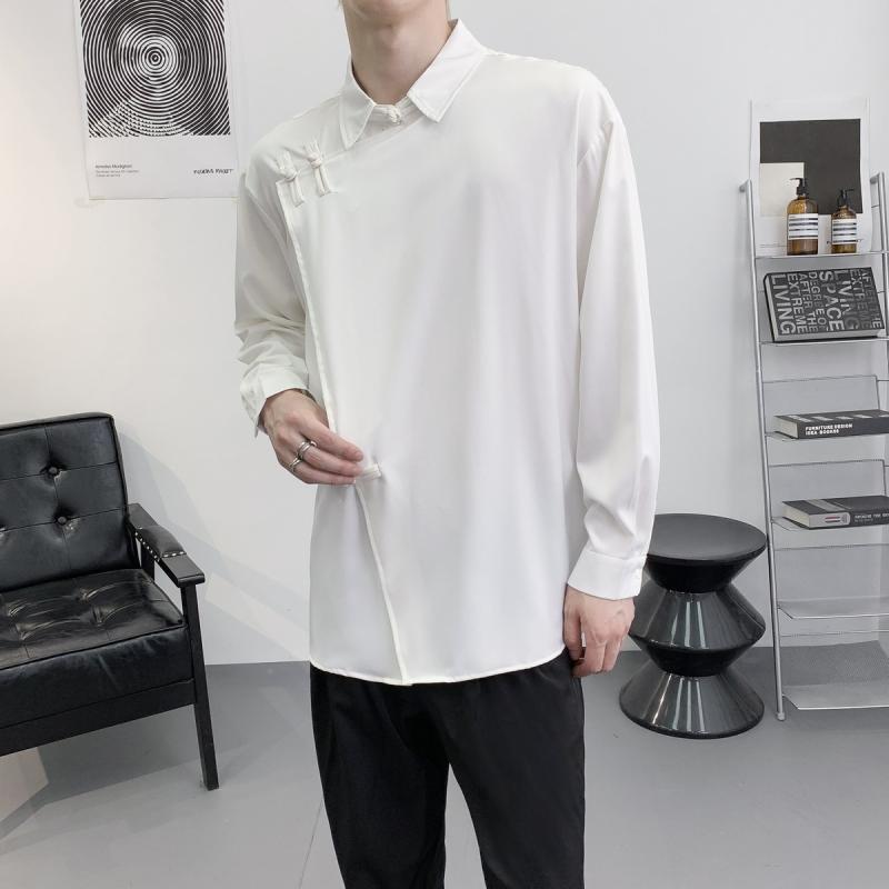 シャツ メンズ 春 新中国風 チャイナボタン ゆったり ビッグシルエット トレンド レトロ クラシック カジュアル 普段使い ポリエステル素材 ブラック ホワイト