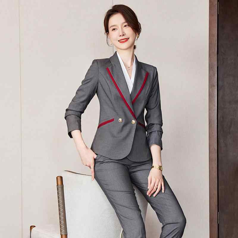 スーツ レディース ビジネス オフィス ホテル受付 飲食サービス 客室乗務員 不動産販売 事務服 制服 セットアップ ジャケット スラックス ポリエステル レーヨン混紡 ネイビー グレー