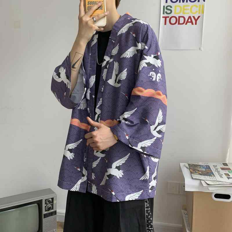 羽織り メンズ 春夏秋 ビッグシルエット ゆったり チャイナデザイン 漢服風 国潮 半袖 薄手 開襟カーディガン 麻混紡 ポリエステル 龍柄 鶴柄 カジュアル