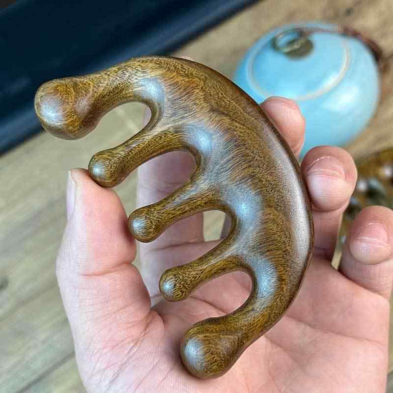 マッサージコーム 白檀 檀木 サンダルウッド 木製 5本歯 円形ヘッド 厚手 頭皮ケア 目元 経絡 刮痧 かっさ 血行促進 全身 マッサージ器 リフレッシュ
