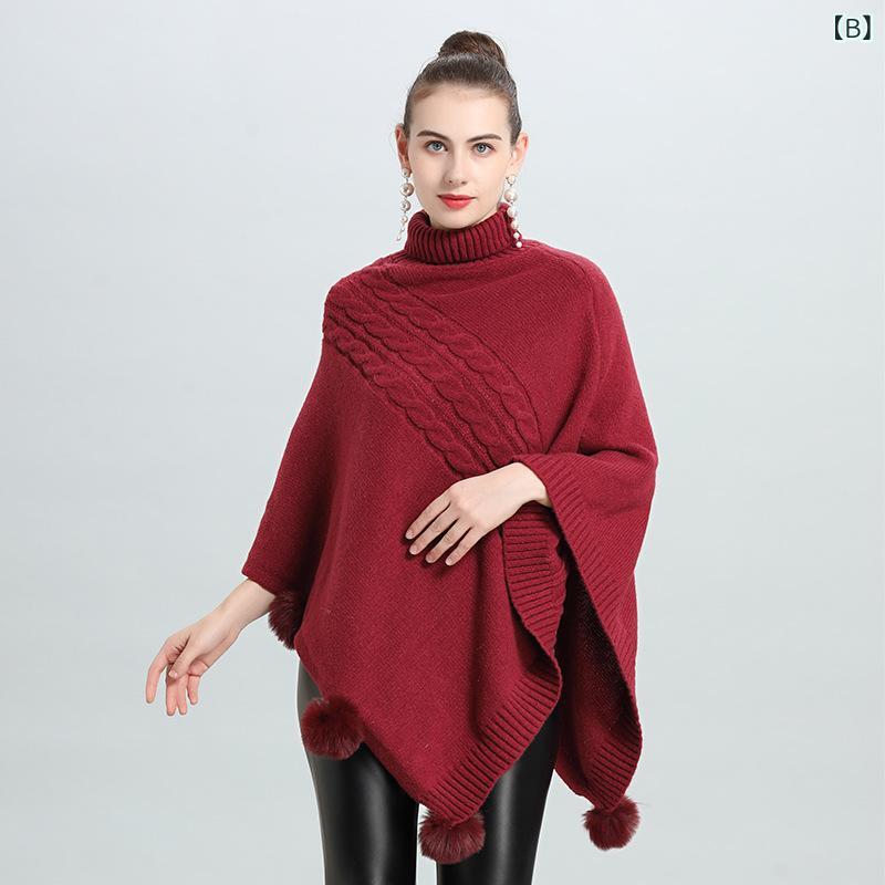 あじゅりのポンチョ レディース 春夏 上品 エレガント カジュアル ハイネック ポンポン飾り ミドル丈 プルオーバー アルパカ混 アクリル混 混紡ニット ショール ブラック カーキ ライトブルー｜アングル3