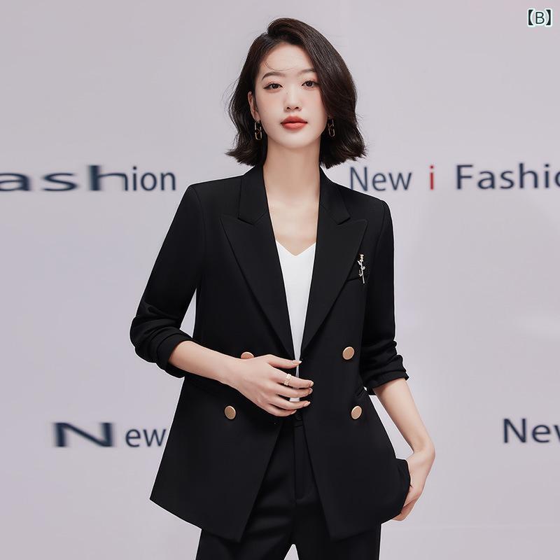 セットアップ レディース ダブルブレスト 長袖 ジャケット パンツ スーツスタイル ビジネス 通勤 オフィス フォーマル 春夏 ブラック 上品 きれいめ スタイリッシュ ポリエステル ストレッチ素材 女性用 3