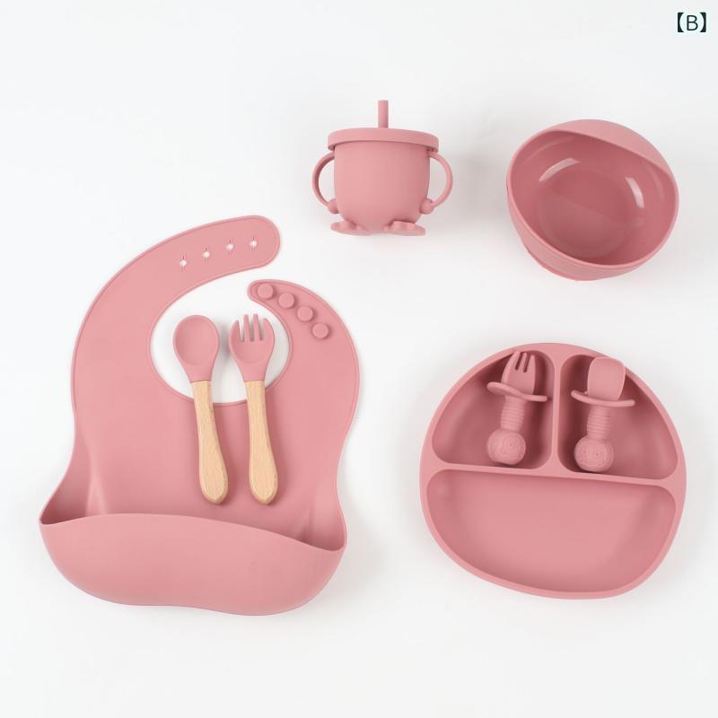 あじゅりのベビー離乳食食器 8点セット シリコン製 ボウル プレート スプーン フォーク カップ 木製ハンドル キッズ 赤ちゃん用 かわいい キャラクターデザイン 出産祝い ギフト プレゼント｜アングル3