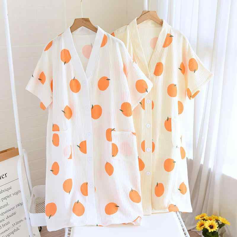 ナイトガウン レディース Vネック 純綿 コットン100% 半袖 ショートスリーブ ロング 膝下 パジャマワンピース ナイトローブ バスローブ ルームウェア フロントオープン 通気性 抗菌 ダブルレイヤー サマー 淡いイエロー ホワイト