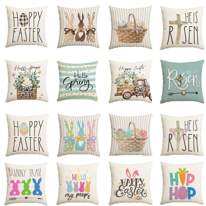 Low Rebound Cushions - クッションカバー 春夏 イースター うさぎ イースターエッグ柄 かわいい 北欧風 ソファ リビング インテリア リネン 45cm角 正方形