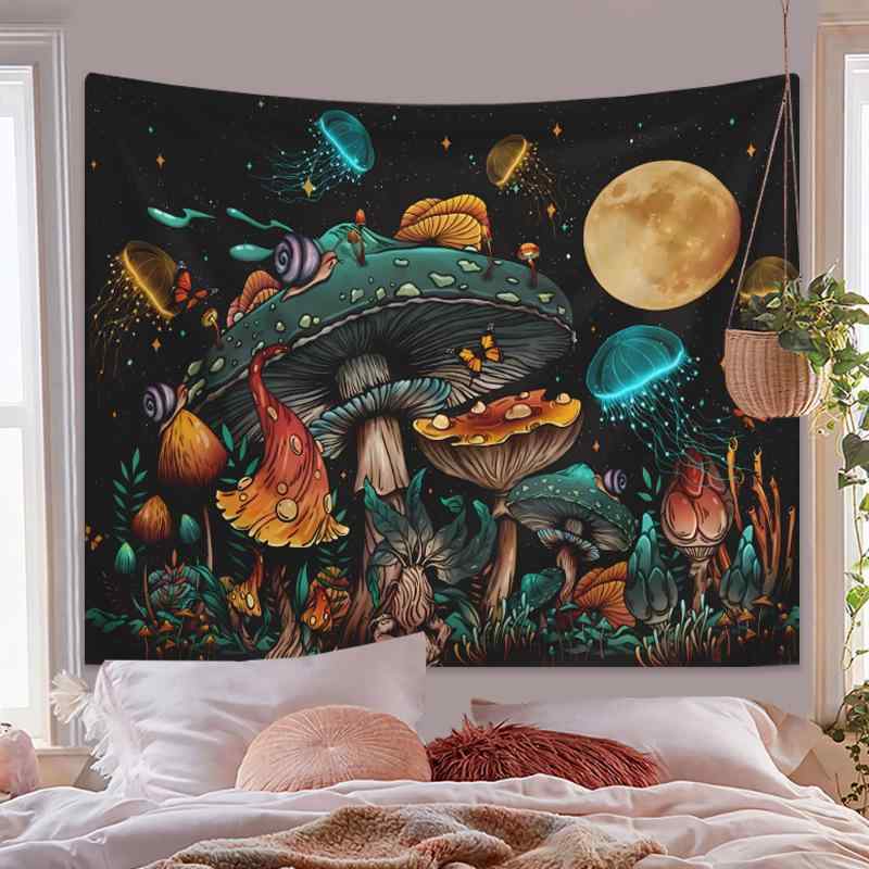 タペストリー サイケデリック マッシュルーム 月 星 カタツムリ ファンタジー 植物 リーフ 壁掛け ウォ..