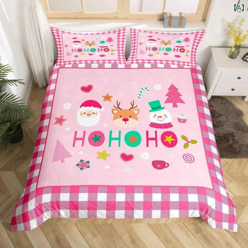 掛け布団カバー ピンク クリスマス サンタクロース トナカイ柄 デジタルプリント 寝具 ベッドリネン おしゃれ かわいい モダン インテリア ホリデーシーズン 冬用 ポリエステル [2]