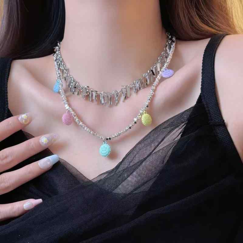 ネックレス レディース 甘辛ミックス クール ダブルレイヤー 鎖骨チェーン シルバーカラー パステルビ..