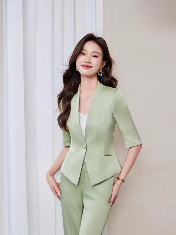 Pants Suit - セットアップ レディース 春夏 半袖 テーラードジャケット ショート丈 パンツ オフィスカジュアル ビジネス 通勤 上品 エレガント 高級感 ポリエステル