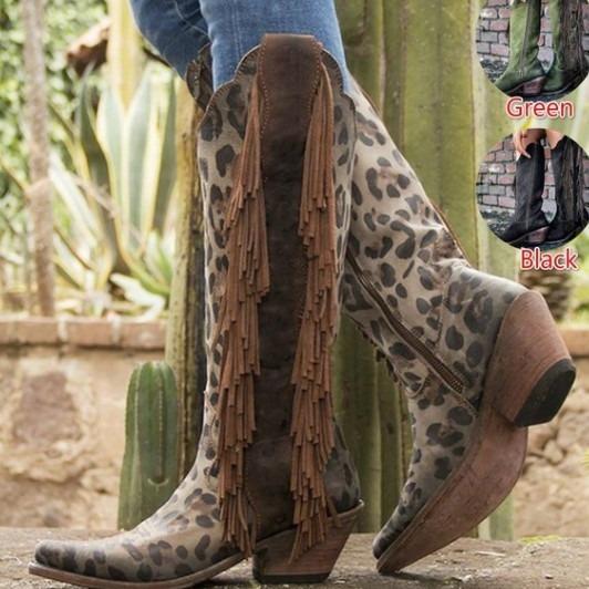 フリンジ ロングブーツ レディース 合成皮革 チャンキーヒール ミドルヒール ポインテッドトゥ 歩きやすい 安定感 秋冬 欧米風カジュアル 大きいサイズ グリーン ブラック ヒョウ柄