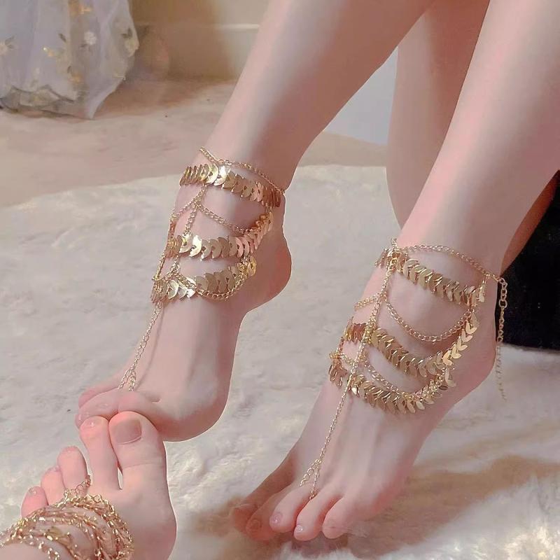 アンクレット レディース 多層フリンジ トゥリング一体型 リーフモチーフ オリエンタル エスニック 宮..