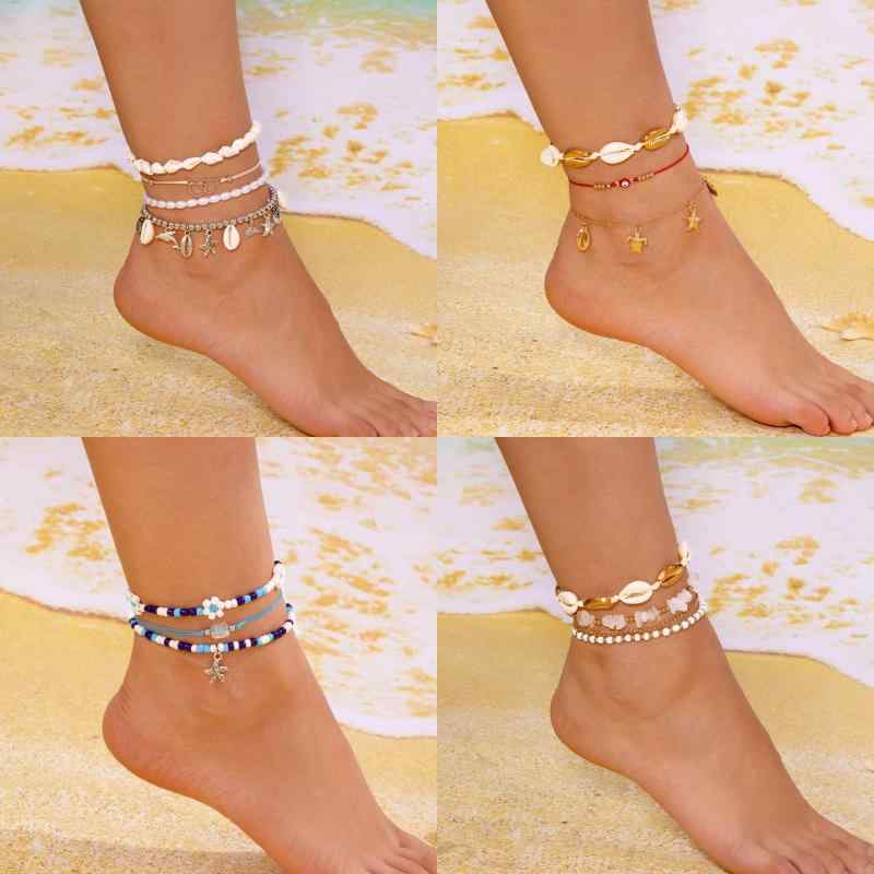 アンクレット レディース 足元 ボヘミアンスタイル シードビーズ ヒトデ シェル ダブルチェーン 夏 ビ..
