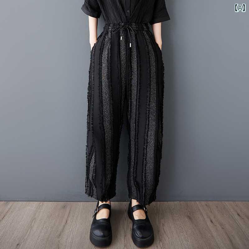 パンツ レディース プラスサイズ ハイウエスト ゆったり ハーレム サルエル クロップド アンクル丈 ダーク系 デザイン性 ストライプ柄 切り替え 薄手 綿混 ボトムス カジュアル 春夏 グレー ajyuri-10298259 あじゅり サンプル画像2