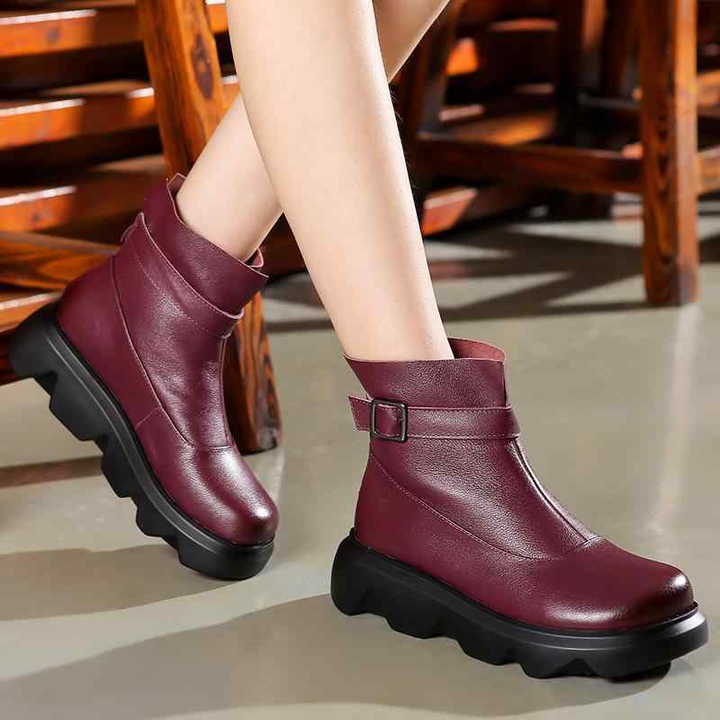 ブーツ レディース ミセス 本革 ウェッジソール 安定感 ラウンドトゥ 厚底 コットン裏地 秋冬 保温 カジュアル 日常使い ミドルヒール