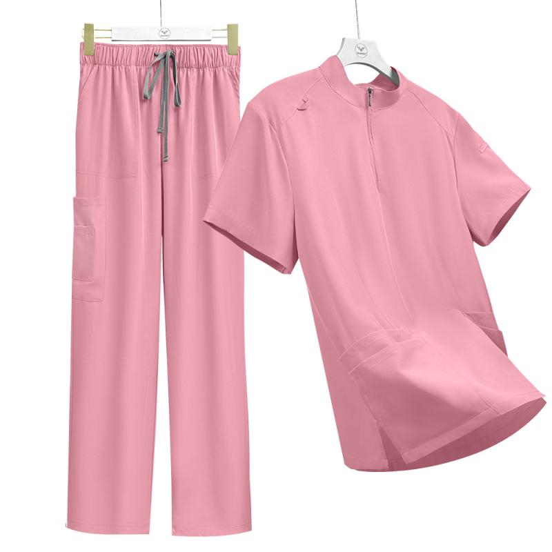 医療従事者用 男女兼用 立ち襟 ジップアップ ワークユニフォーム スクラブ 手術着 ストレートパンツ 吸湿速乾 ポリエステル スパンデッ..