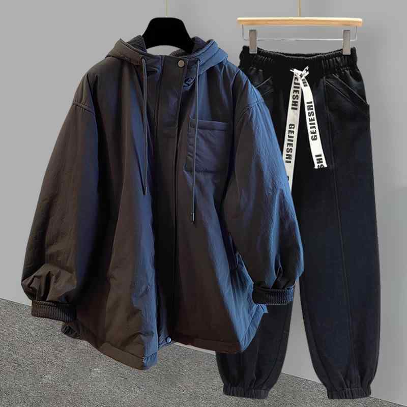 Parka - セットアップ メンズ 無地 フード付き 中綿ジャケット パンツ 韓国風 カジュアル トレンド 厚手 裏起毛 防寒 あったか ゆったり おしゃれ 着回し抜群 秋冬