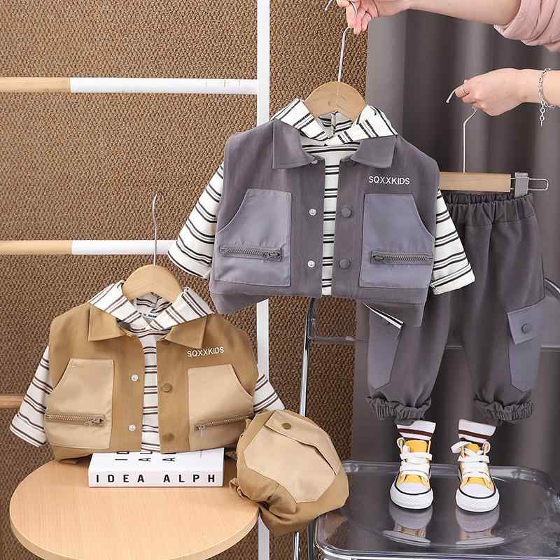 キッズ 男の子 春秋 3点セット 長袖トップス フード付きベスト 長ズボン ダブルポケット ファスナー ストライプ ロゴ 綿混素材 柔らか カジュアル 普段着 ベビー 80cm 90cm 100cm 110cm 120cm