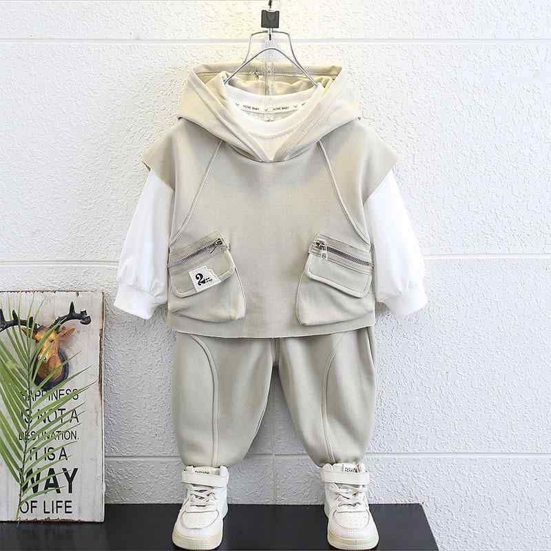 キッズ 男の子 春秋 セットアップ ベスト 三点セット おしゃれ かっこいい 普段着 カジュアル 綿 フード付き 長袖トップス キャラクタープリント 韓国風ファッション