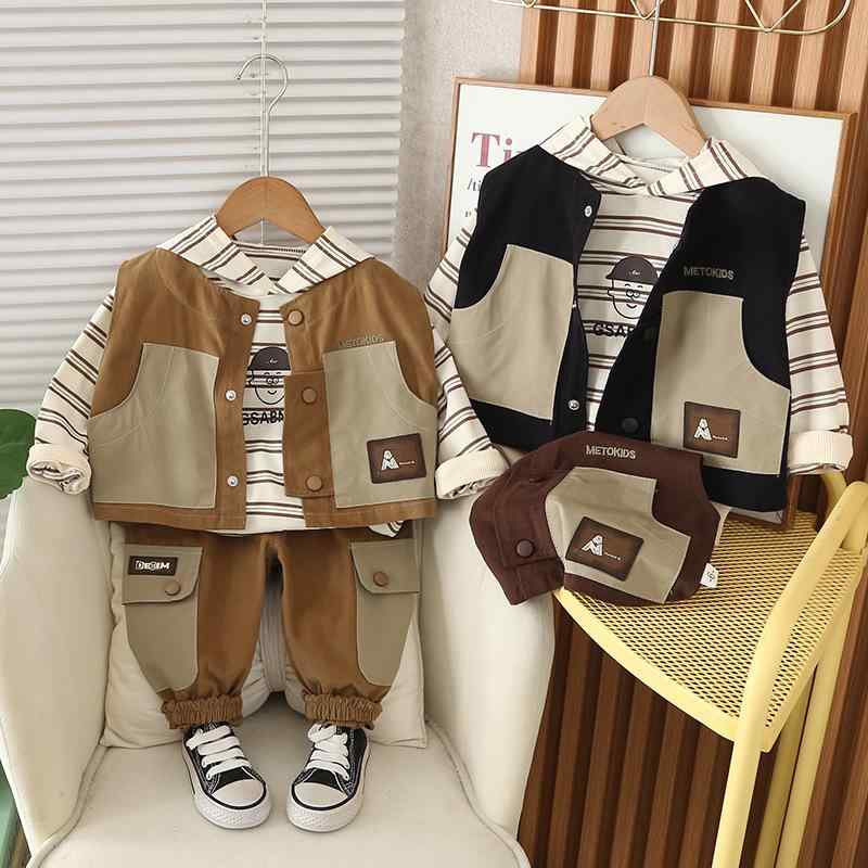 セットアップ 男の子 ベビー 幼児 春秋 長袖 トップス 長ズボン フード付きカーディガン 3点セット 綿素材 柔らかい肌触り 前開き ストライプ ロゴ カジュアル おしゃれ