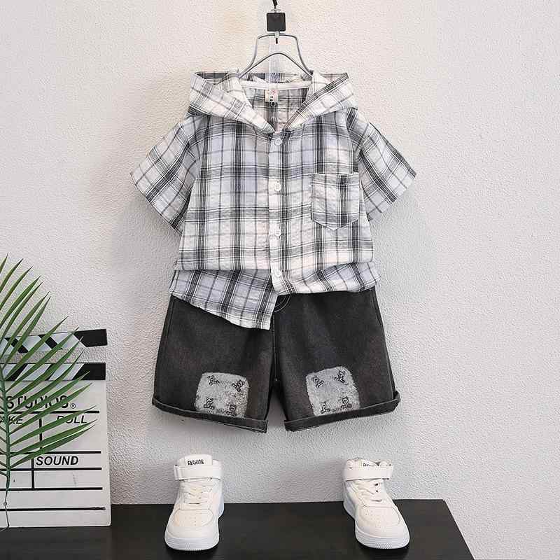 セットアップ 男の子 キッズ フード付き チェック柄 半袖 シャツ ショートパンツ 2点セット 春夏 綿 コットン 薄手 柔らかい おしゃれ 普段使い