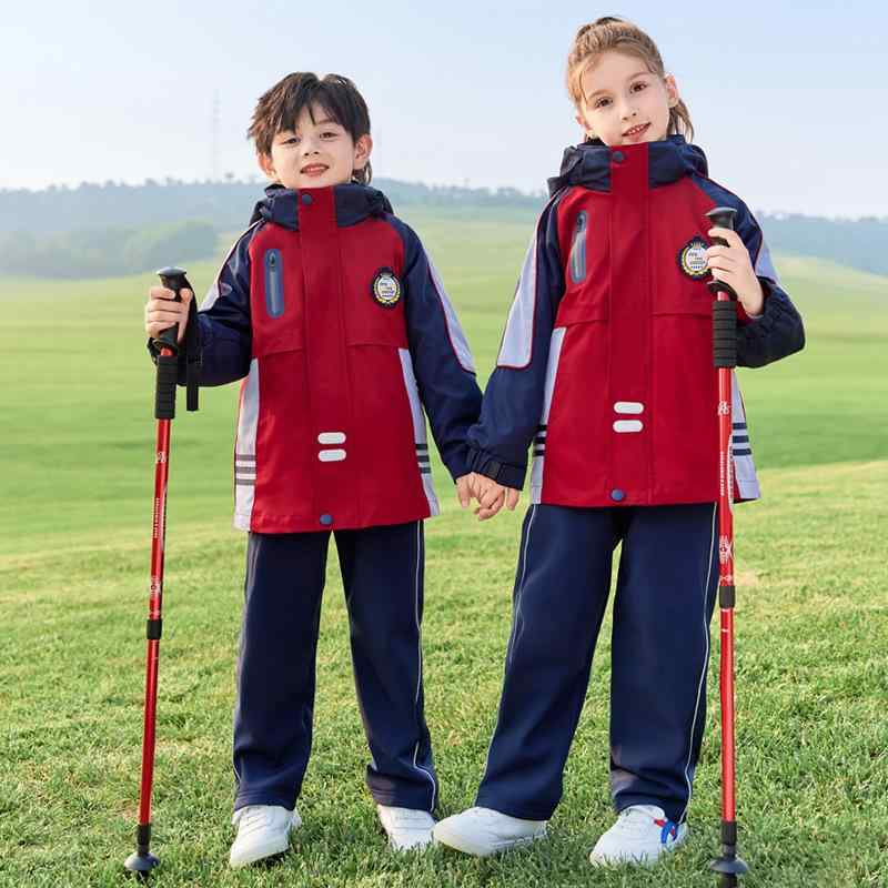 ウィンドブレーカー ジュニア 男女兼用 キッズ 秋冬 3点セット スクール 幼稚園 通学 防寒 保温 フード付き レッド