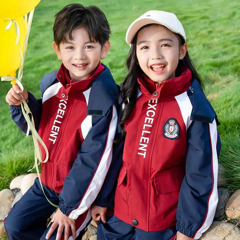 スクールユニフォーム キッズ 小学生 幼稚園 男女兼用 ウィンドブレーカー ジャケット スポーツウェア 3点セット パンツセット ボルドー ワインレッド フード付き ジップアップ 撥水 防風 ソフト ポリエステル 春秋冬 通学 普段使い アウトドア