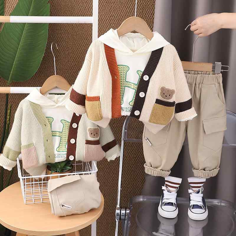キッズ 男の子 セットアップ ニットカーディガン スウェットパーカー 長ズボン 3点セット 春秋 長袖 フード付き 綿 柔らかい 韓国風 おしゃれ かっこいい カジュアル ベージュ グリーン お出かけ 普段使い