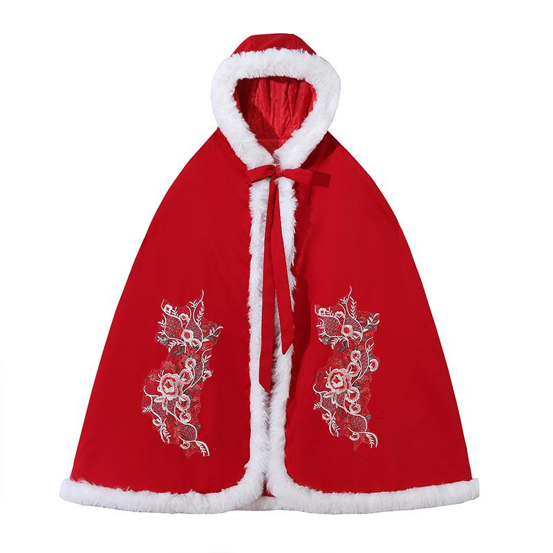 ポンチョ ガールズ 冬用 チャイナ風 唐装 セット フード付き 厚手 防寒 花柄 ポリエステル 赤 かわいい プリンセス お出かけ アウター