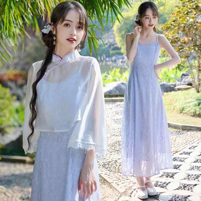 ワンピース レディース 春夏 2点セット レトロ ネオチャイナ 改良 スタンドカラー チャイナボタン シアーメッシュ 七分袖 羽織り ジャガード織り キャミソールドレス Aライン 上品 ポリエステル