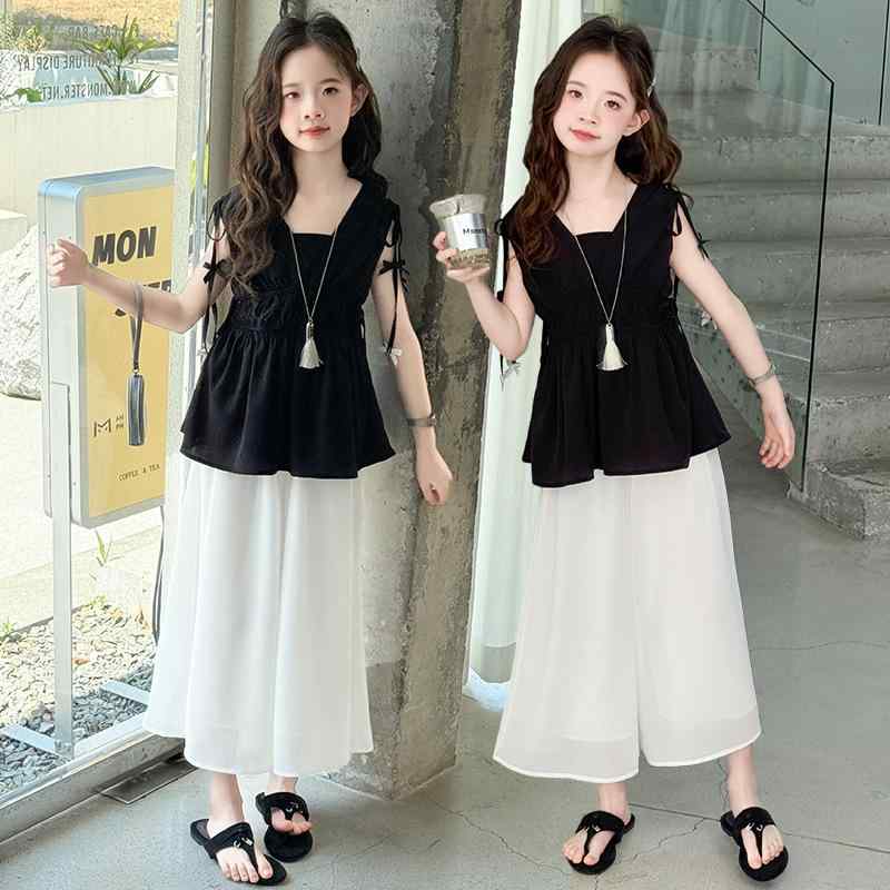 セットアップ ガールズ 夏 フレンチカジュアル 上品 おしゃれ ノースリーブ タンクトップ キュロットパンツ 2点セット ゆったり ドレープ感 デザイン 薄手 ソフト加工 ポリエステル レーヨン