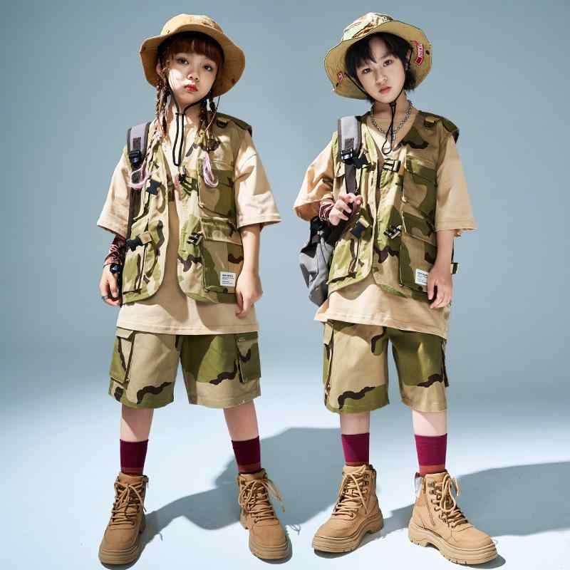 Occidental Goods - キッズ 男の子 女の子 ヒップホップ ストリートダンス 衣装 発表会 ステージ イベント カーキ 迷彩 半袖 ベスト ショートパンツ セットアップ 上下セット 綿 コットン 春夏 カジュアル