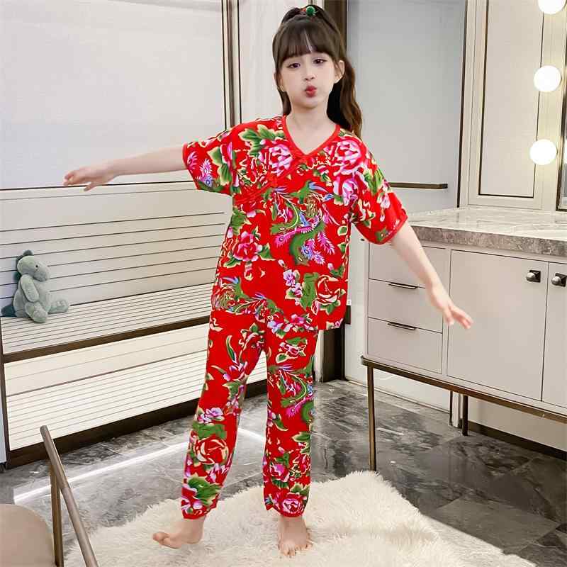 セットアップ キッズ 女の子 東北大花柄 民族風 エスニック チャイナ盤扣 パジャマ ルームウェア ショートスリーブ ロングパンツ 発表会 舞台 パーティー ブライズメイド 夏 薄手 接触冷感 綿混レーヨン