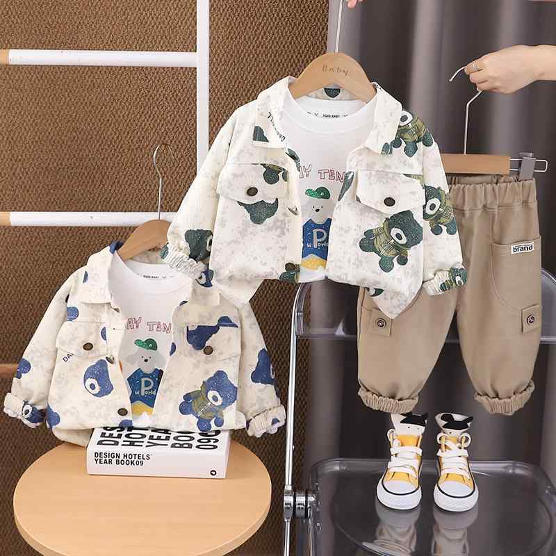 キッズ 男の子 ベビー 子供服 ワークウェア風 総柄クマ柄 カートゥーン かわいい 長袖 長ズボン スリーピース セットアップ 春秋 綿 コットン ソフト