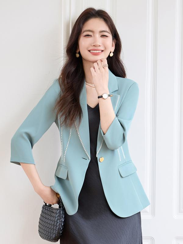 セットアップ レディース ブルー 七分袖 ジャケット ワンピース ポリエステル素材 しわになりにくい 一粒ボタン 上品 きれいめ 通勤 オフィス ビジネス フォーマル 春夏