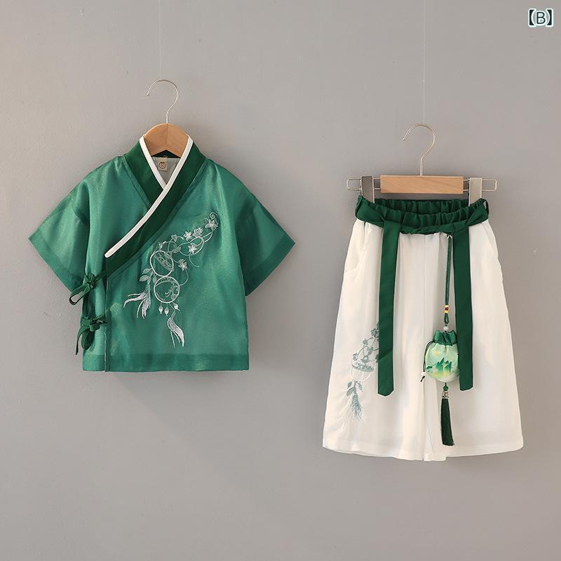 子供服 男女兼用 漢服 唐装 新中華風 中国風 半袖 鈴飾り セットアップ 上下セット 夏 薄手 ブルー グリーン系 発表会 舞台 イベント 衣装 コスチューム