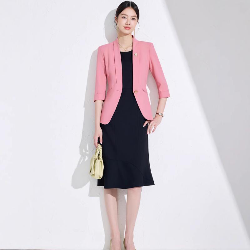 スーツセット レディース 春夏 OL通勤 オフィス カジュアル エレガント きれいめ ジャケット 七分袖 ポリエステル素材 ベージュ ブラック ピンク ブルー