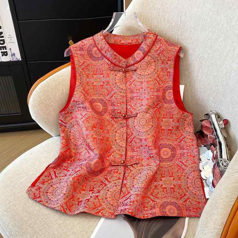 ベスト レディース 新中華 レトロ スタイル 宋錦風 ジャカード刺繍 唐装トップス ポリエステル 赤 レッド ラウンドネック 切り替え ミドル丈 エレガント きれいめ カジュアル 通勤 オフィス 普段使い 春夏