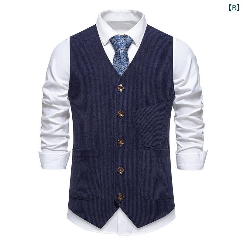 ベスト メンズ 春夏 コーデュロイ レトロ カジュアル おしゃれ ゆったり ジレ 男性用 ウォッシャブル 丸首 ポリエステル ルーズフィット 普段使い ブラック ネイビー ブラウン