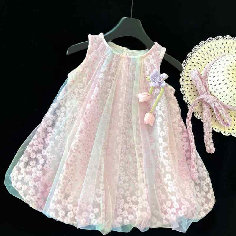 ワンピース ガールズ チュール ノースリーブ 立体フラワー プリンセス バルーンシルエット おしゃれ トレンド 春夏 ナイロン素材 ポリエステル裏地 柔らかな肌触り ピンク系 普段使い お出かけ
