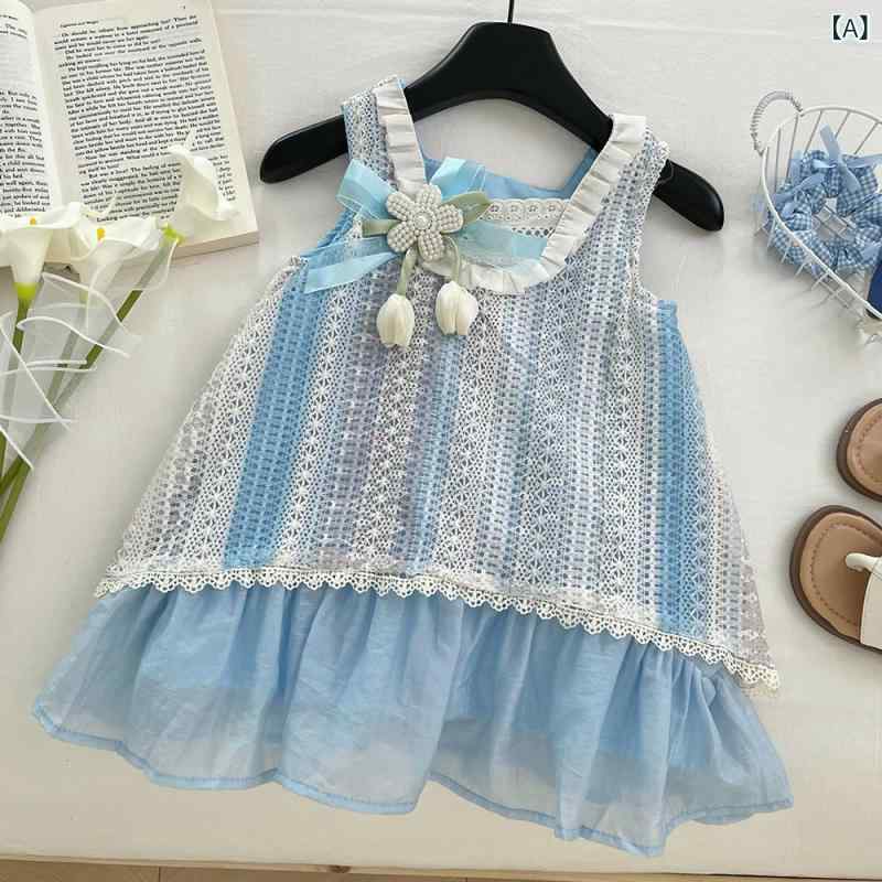 あじゅりのワンピース キッズ 女の子 ノースリーブ レース 立体フラワー フェイクレイヤード キャミソール ジャンパースカート プリンセススタイル 夏 テンセル コットン 綿 おしゃれ お出かけ ブルー エレガント かわいい｜アングル2