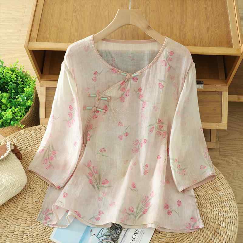 T恤（長袖） - Tシャツ レディース 新中華風 レトロ ゆったり ショート丈 ラウンドネック 丸首 チャイナボタン 七分袖 花柄 総柄 切り替え 薄手 カジュアル ポリエステル 綿 春夏 ピンク ライトグリーン