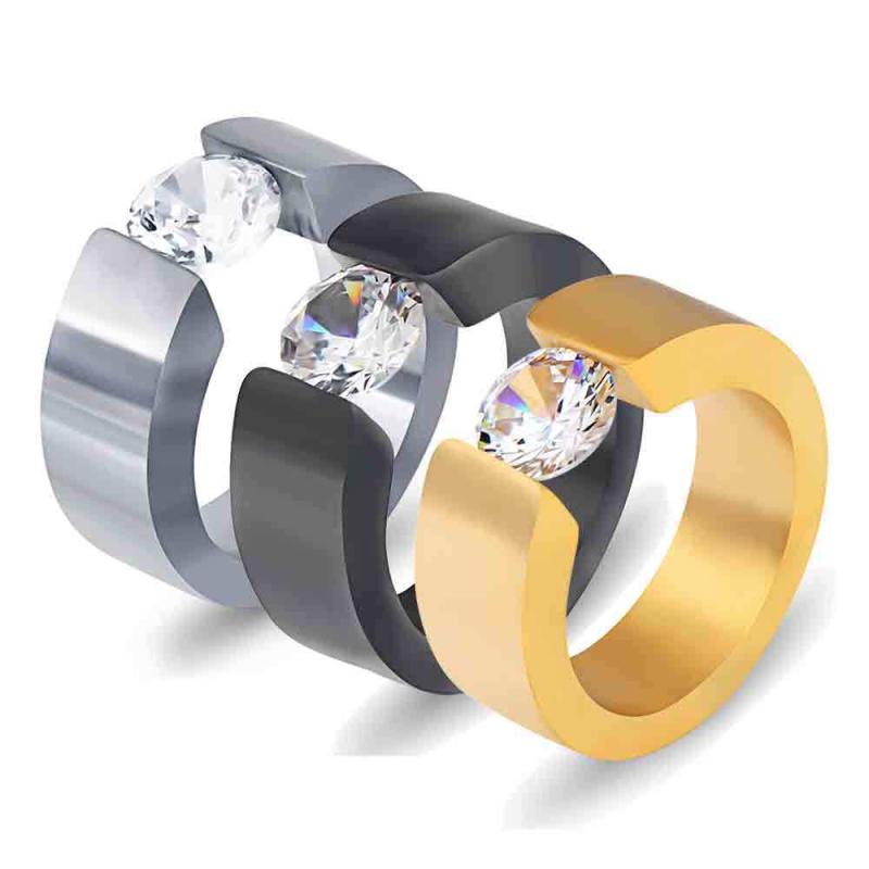 指輪 レディース 8mm 幅広 シンプル オープンリング 個性的 ストーン装飾 サージカルステンレス 幾何学デザイン ファッションリング ブラック ゴールド シルバーカラー