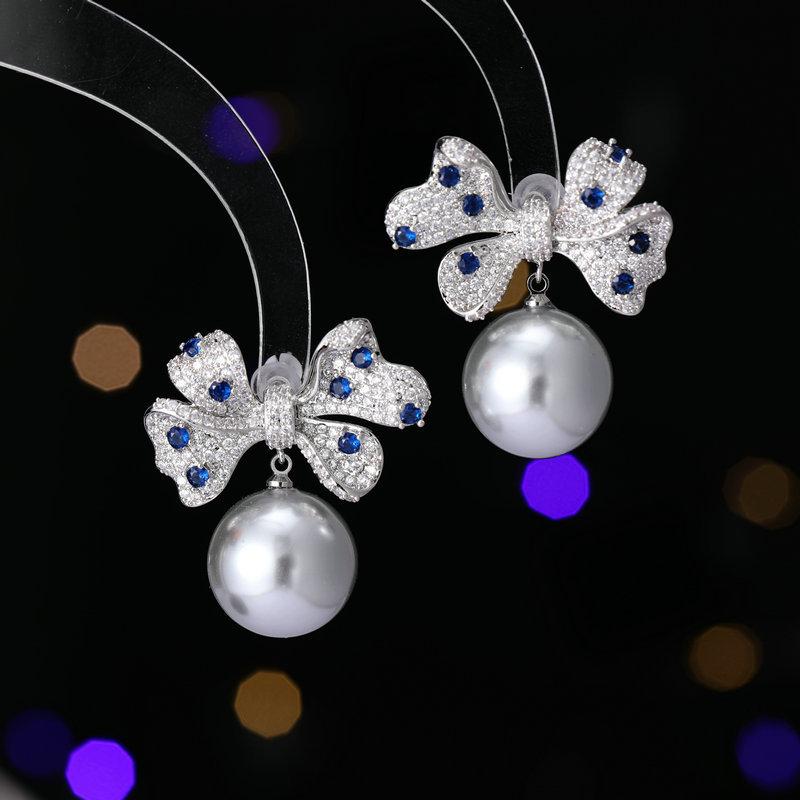 イヤリング レディース 女性用 ライトラグジュアリー 高級感 エレガント 銅製 ジルコニア S925ポスト リボン パール シルバー グレー パープル 通勤 オフィス フォーマル パーティー 耳飾り