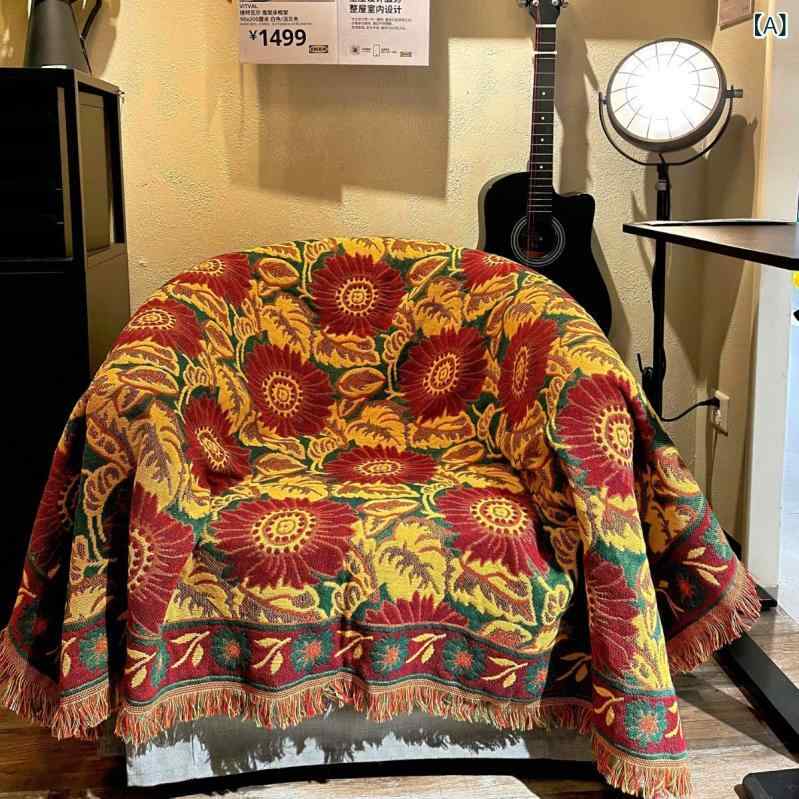 ソファカバー 赤色ひまわり柄 綿 コットン 吸湿性 肌触り 暖かい 癒し系 リラックス 心地よい カジュアル インテリア リビング 大判 ブランケット マルチカバー ベッドカバー ajyuri-10343309 あじゅり サンプル画像2