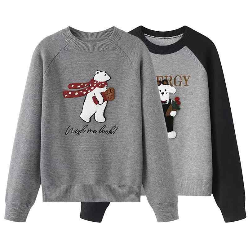 ・主な素材: ポリエステル・素材配合率: 30～50%・厚み: 中厚・セット形式: 単品・デザイン: プルオーバー・シルエット: ルーズフィット・袖タイプ: レギュラー袖・ネックライン: クルーネック・袖丈: 長袖・装飾: 刺繡・着丈: ミドル丈・カラー展開: グレー（クマ）、グレー（イヌ）・サイズ展開: S、M、L・スタイル: 日韓カジュアル・カテゴリ: セーター、ニット