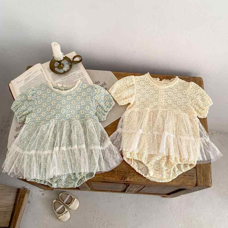 ロンパース カバーオール 女の子 ベビー 乳幼児 チュール プリンセススカート フラワー ジャガード織り 半袖 綿混 コットン 春夏 おでかけ ブルー アプリコット ベージュ