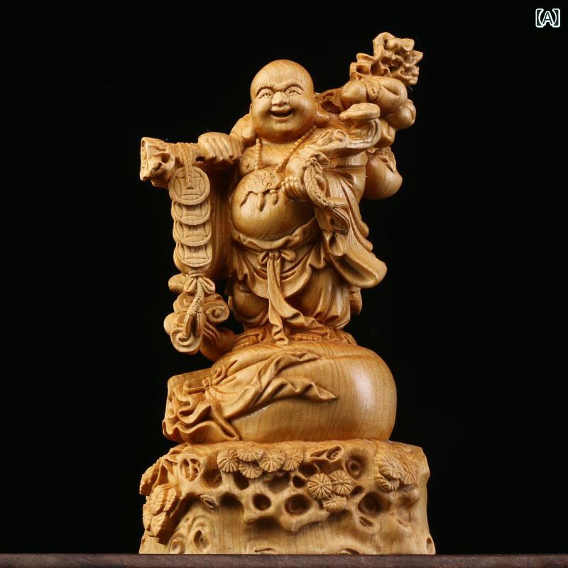 置物 アリバ木彫り 笑顔 弥勒仏 布袋様 財運招来 ラッキーアイテム 天然木製 精巧な手彫り 新中華風 インテリア リビング 玄関 車内飾り オブジェ [2]