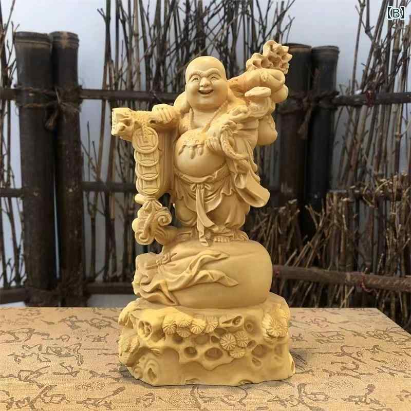 置物 アリバ木彫り 笑顔 弥勒仏 布袋様 財運招来 ラッキーアイテム 天然木製 精巧な手彫り 新中華風 インテリア リビング 玄関 車内飾り オブジェ [3]