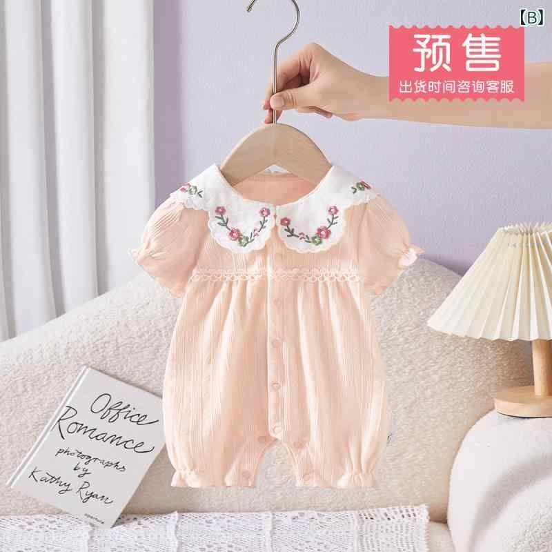 ロンパース ベビー 女の子 新生児 赤ちゃん服 半袖 前開き 小花刺繍 かわいい カバーオール 綿 薄手 肌に優しい 夏 韓国ファッション 普段着 お出かけ ピンク 3